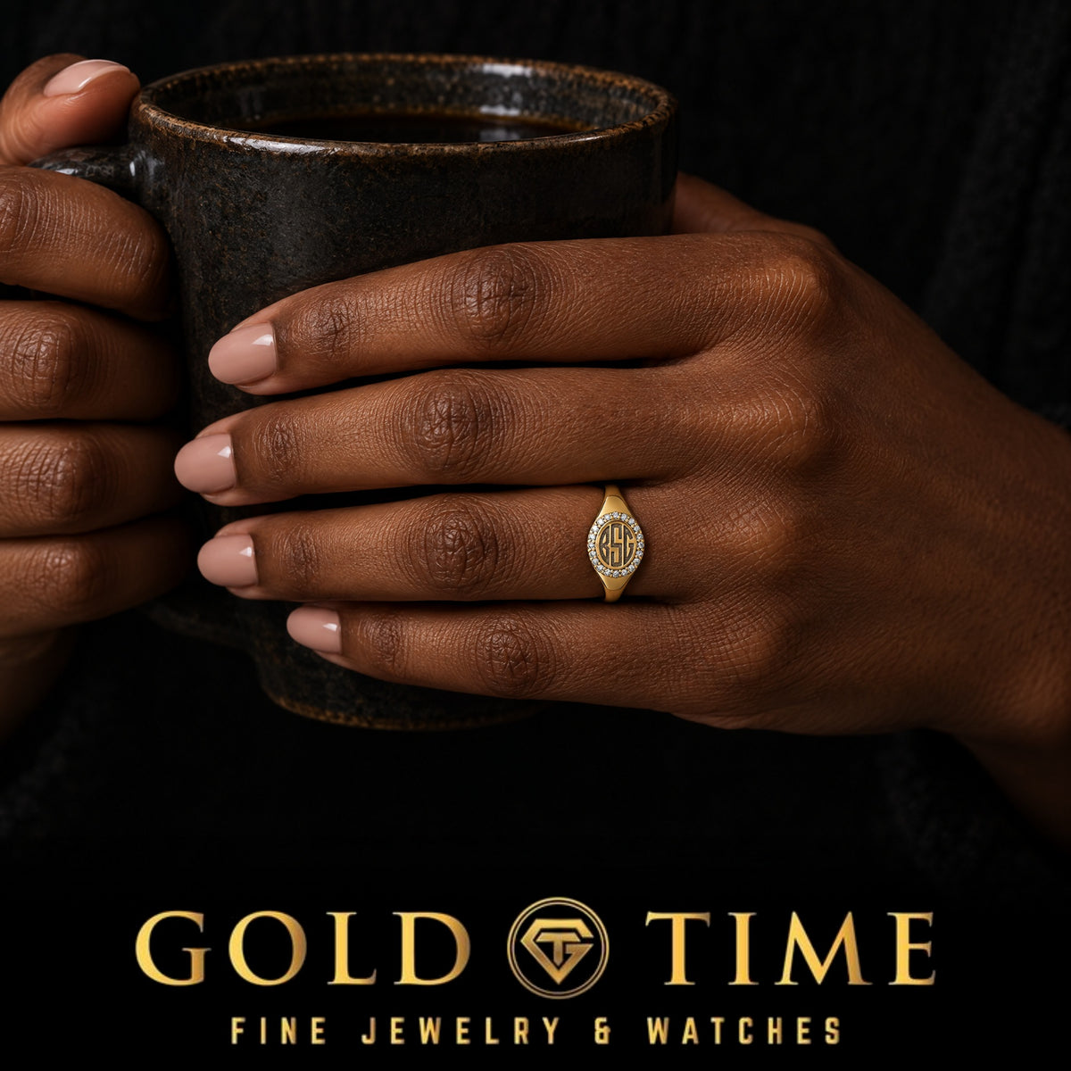 Diamond Oval Monogram Signet Ring, worn on a hand, lifestyle photo 2, Gold Time