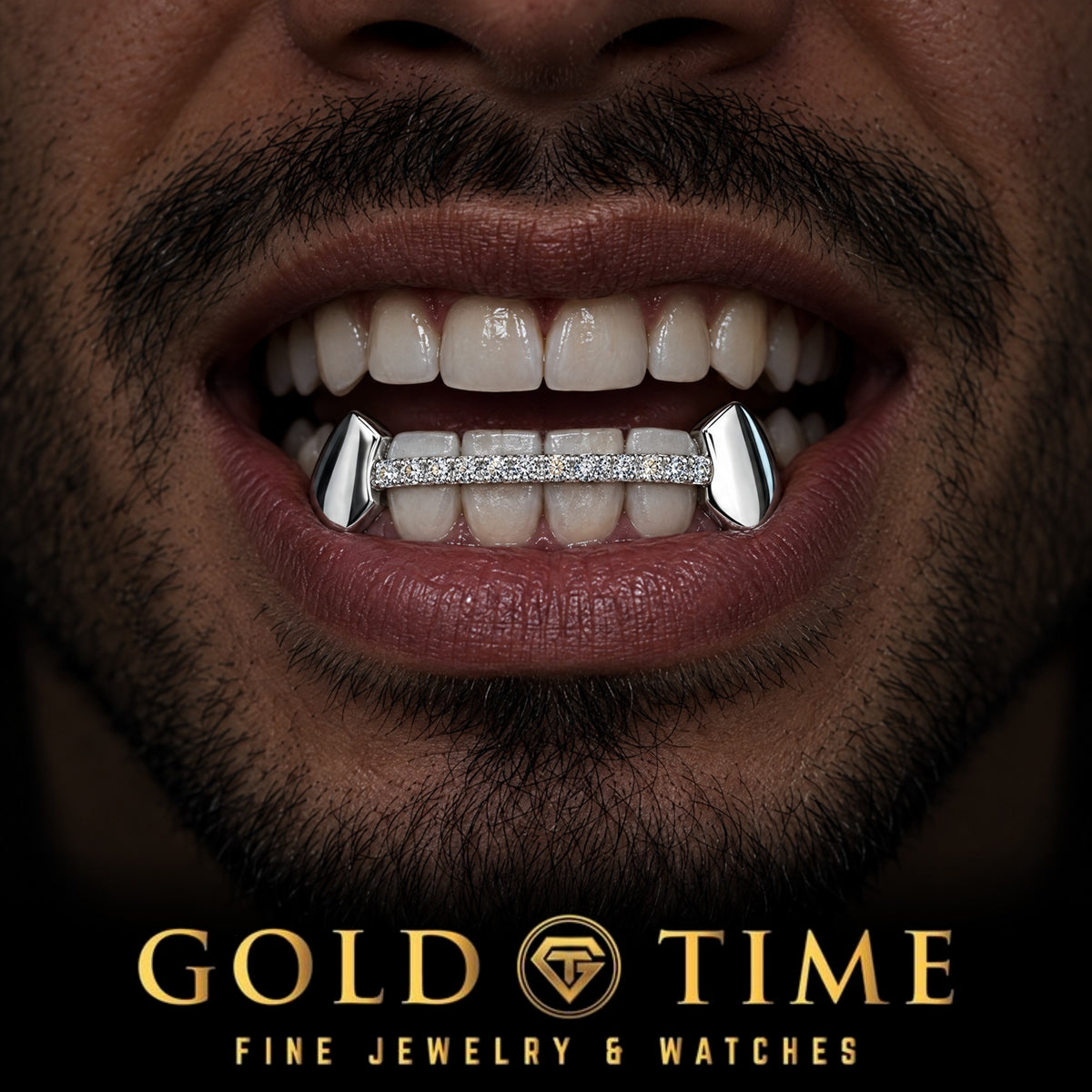 Custom grillz, 6 Piece Solid Fangs, Moissanite Center Row, worn in a smile, lifestyle photo 1, Gold Time