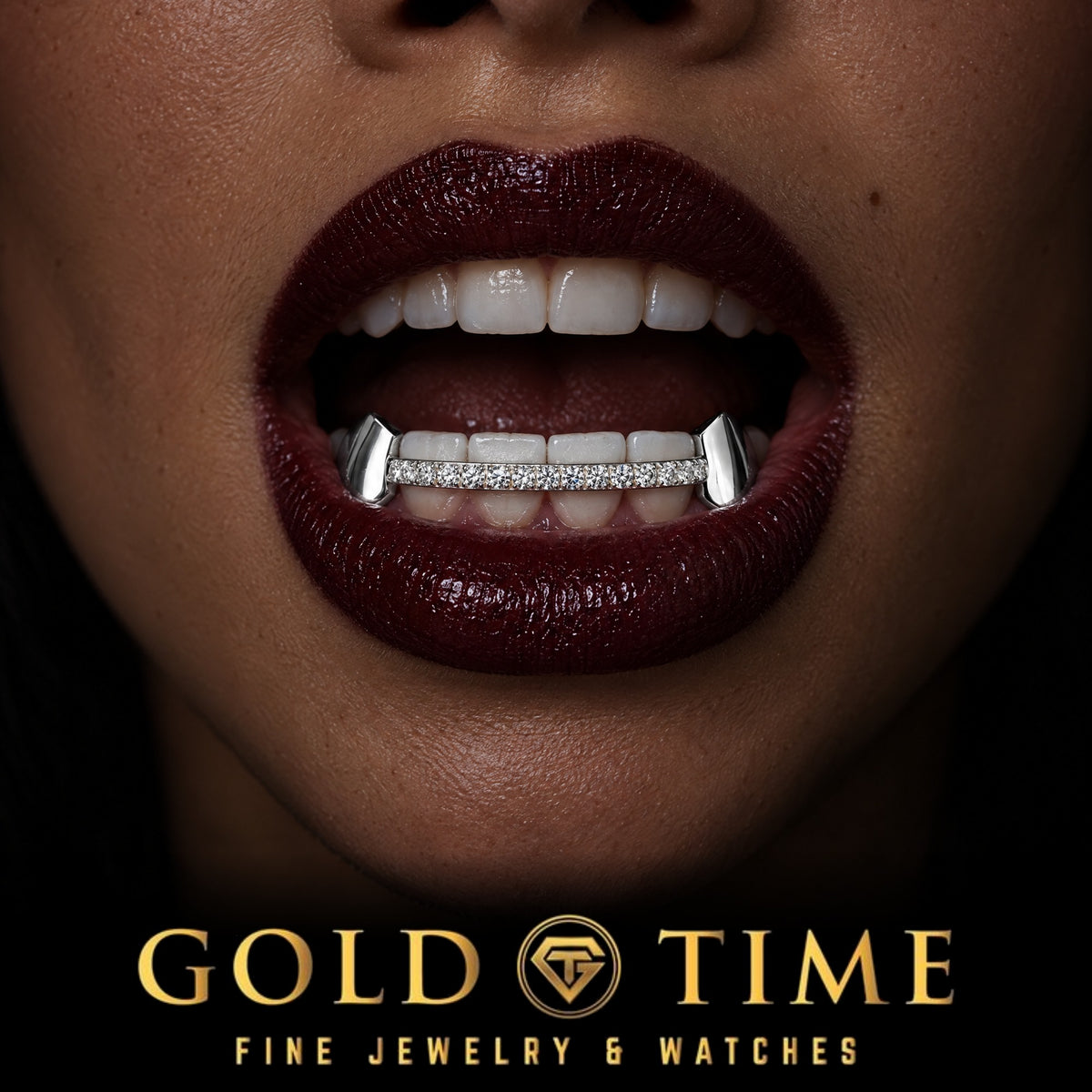 Custom grillz, 6 Piece Solid Fangs, Moissanite Center Row, worn in a smile, lifestyle photo 2, Gold Time