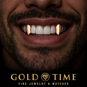 Custom grillz, Gold Fangs, 2 Piece, worn in a smile, lifestyle photo 1, Gold Time