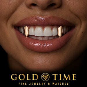 Custom grillz, Gold Fangs, 2 Piece, worn in a smile, lifestyle photo 2, Gold Time