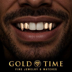 Custom grillz, 4 Piece Solid Incisor and Fang, worn in a smile, lifestyle photo 1, Gold Time