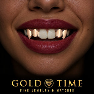 Custom grillz, 4 Piece Solid Incisor and Fang, worn in a smile, lifestyle photo 2, Gold Time