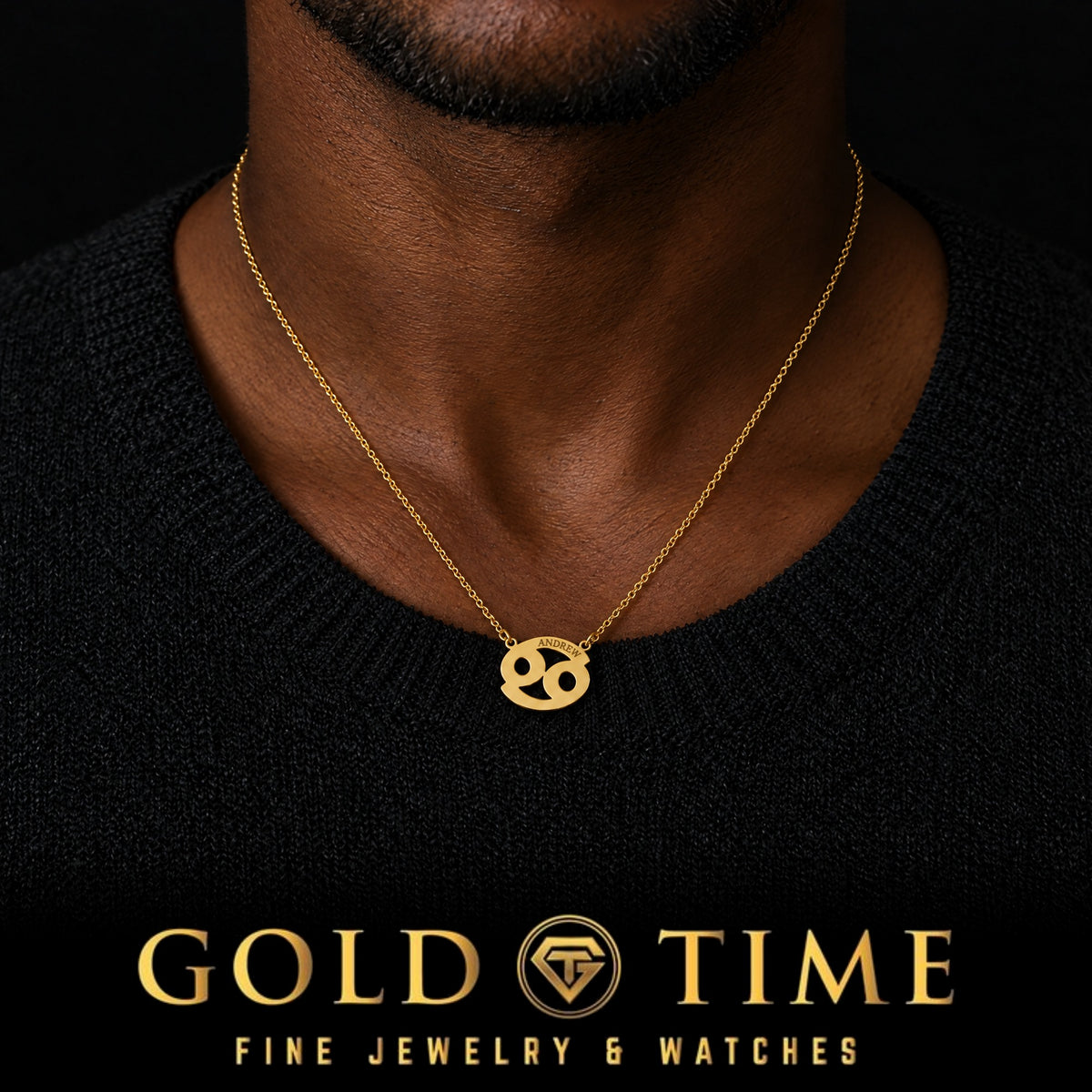 Name and Zodiac Necklace, worn by a model, lifestyle photo 2, Gold Time