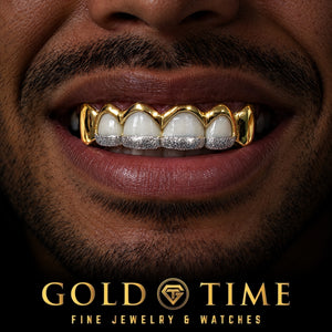 Custom grillz, 6 Piece Open Window, Dust Tips, Solid Canines, worn in a smile, lifestyle photo 1, Gold Time