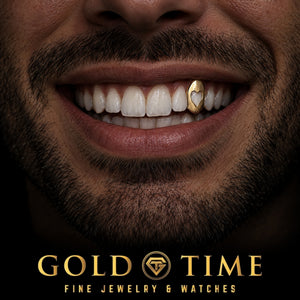Custom grillz, Single Cap with Heart Cut-Out, worn in a smile, lifestyle photo 2, Gold Time