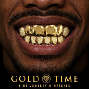 Custom grillz, 12 Piece Perm Cut, Classic and Dust Combo, worn in a smile, lifestyle photo 1, Gold Time