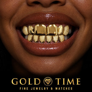 Custom grillz, 12 Piece Perm Cut, Classic and Dust Combo, worn in a smile, lifestyle photo 2, Gold Time