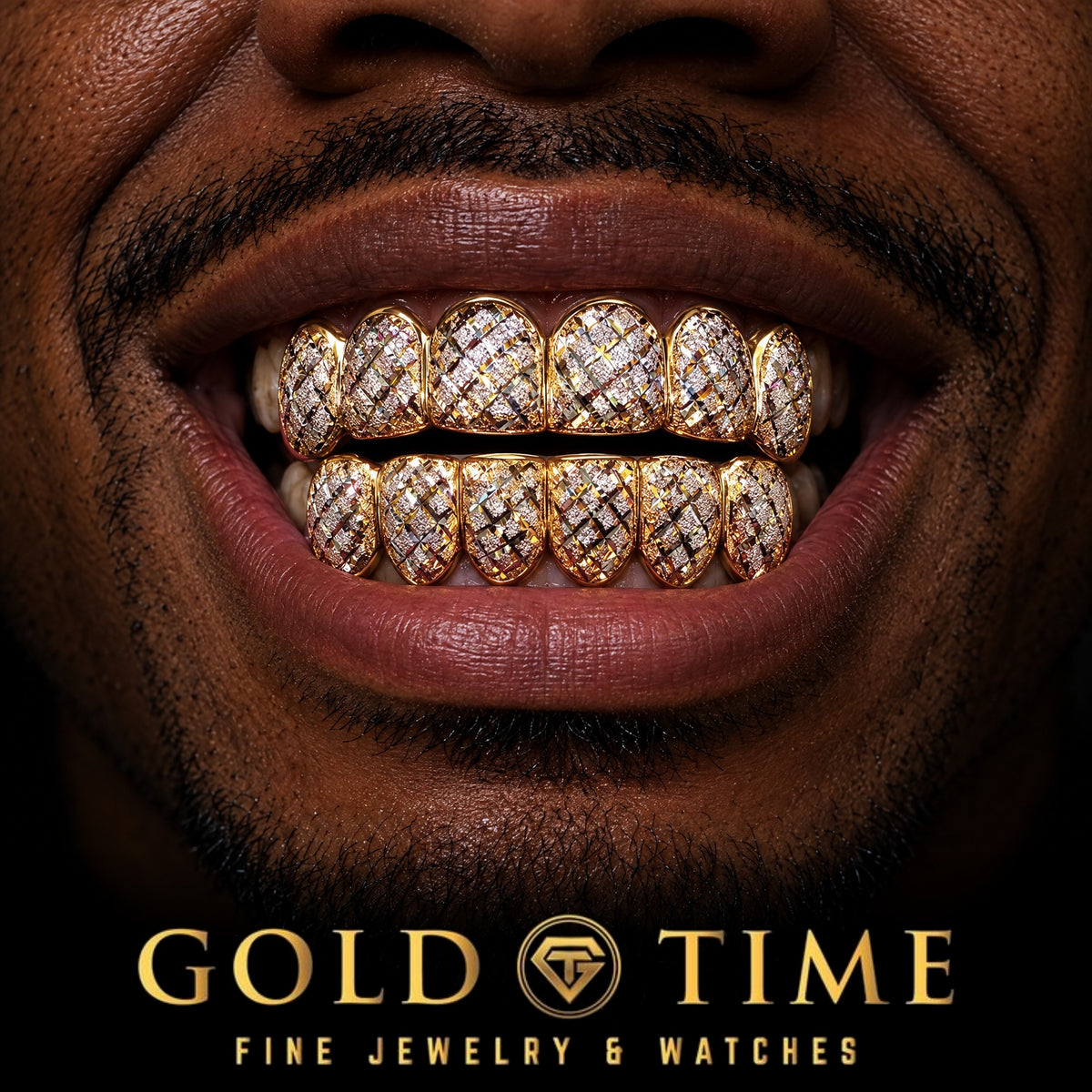 Custom grillz, 12 Piece Two-Tone Trillion Diamond Dust, worn in a smile, lifestyle photo 1, Gold Time