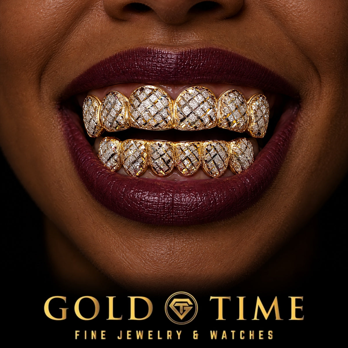 Custom grillz, 12 Piece Two-Tone Trillion Diamond Dust, worn in a smile, lifestyle photo 2, Gold Time