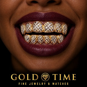 Custom grillz, 12 Piece Two-Tone Trillion Diamond Dust, worn in a smile, lifestyle photo 2, Gold Time
