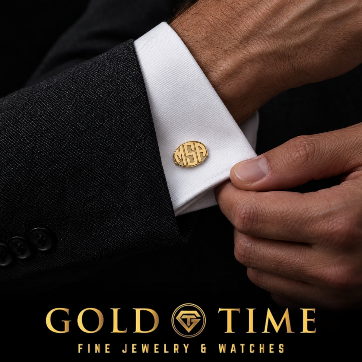 Raised Monogram Oval Cufflinks, worn on a shirt cuff, lifestyle photo 1, Gold Time