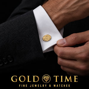 Raised Monogram Oval Cufflinks, worn on a shirt cuff, lifestyle photo 1, Gold Time
