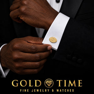 Raised Monogram Oval Cufflinks, worn on a shirt cuff, lifestyle photo 2, Gold Time