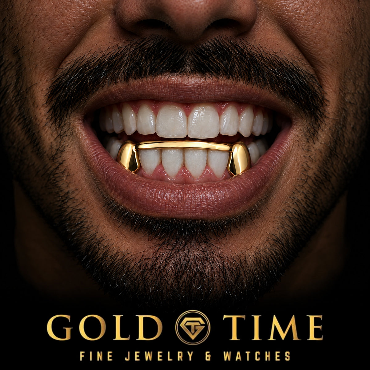 Custom grillz, 6 Piece Solid Canines, Center Tip Bar, worn in a smile, lifestyle photo 1, Gold Time