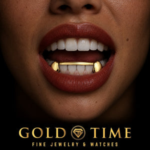 Custom grillz, 6 Piece Solid Canines, Center Tip Bar, worn in a smile, lifestyle photo 2, Gold Time