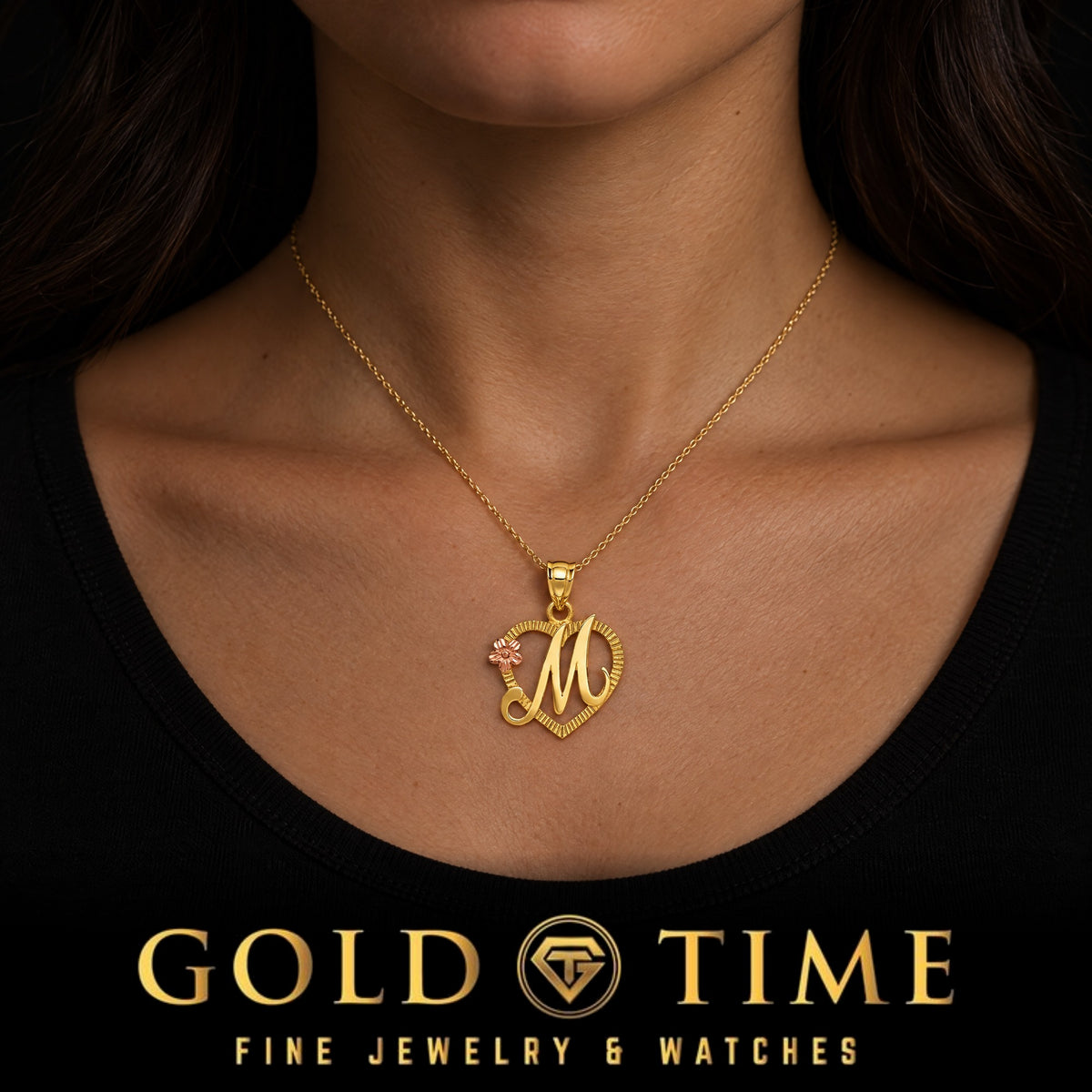 14k Heart Initial Pendant with Flower, worn by a model, lifestyle photo 1, Gold Time