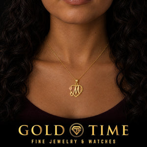 14k Heart Initial Pendant with Flower, worn by a model, lifestyle photo 2, Gold Time