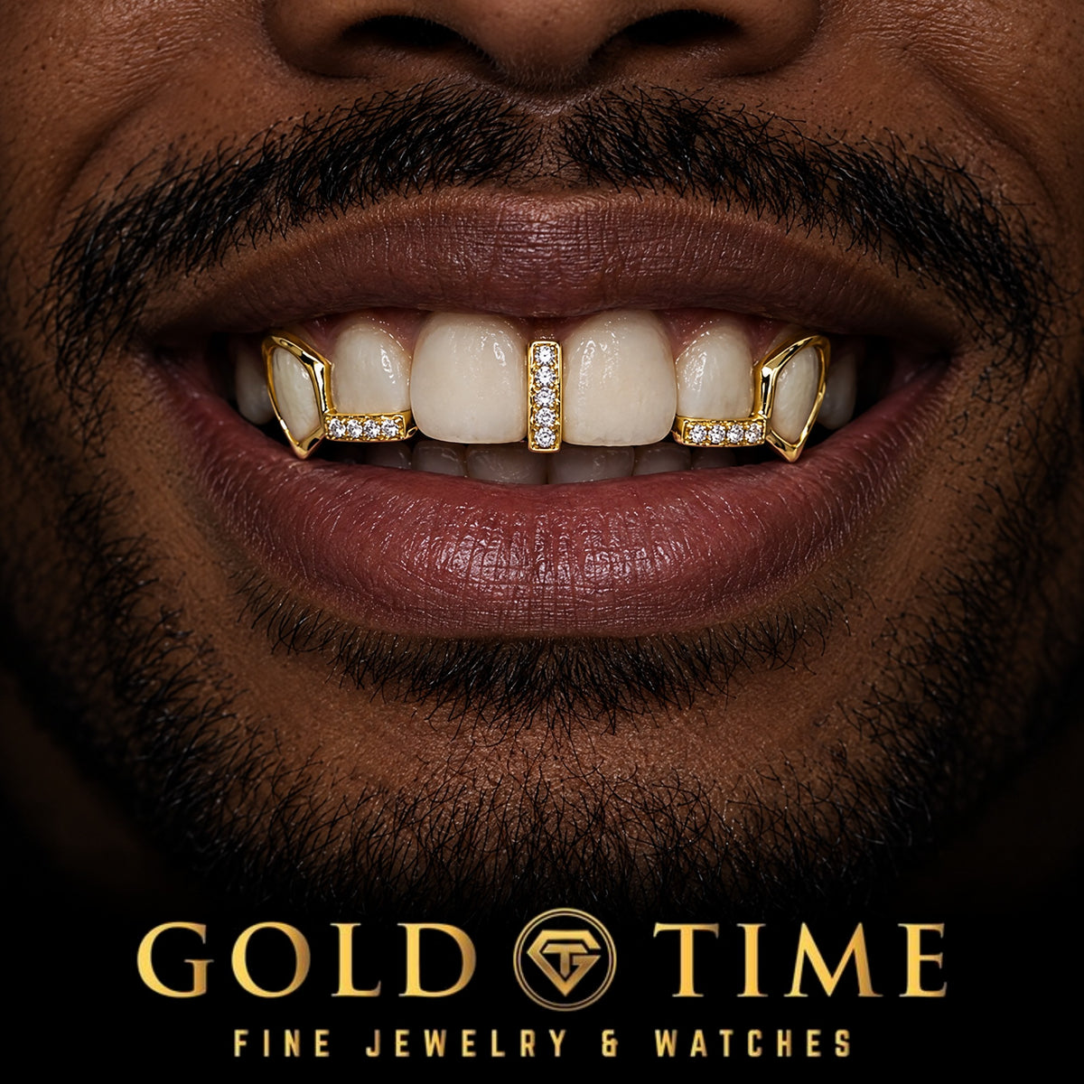 Custom grillz, Hip Hop Open Face Fangs, Moissanite Tips, Gap Bar, worn in a smile, lifestyle photo 1, Gold Time