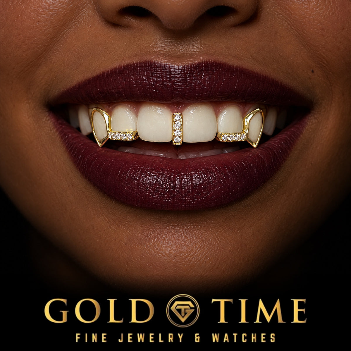 Custom grillz, Hip Hop Open Face Fangs, Moissanite Tips, Gap Bar, worn in a smile, lifestyle photo 2, Gold Time