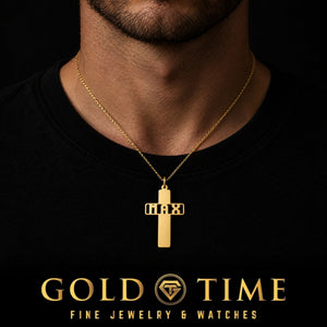 Name Cut-Out Cross Pendant, worn by a model, lifestyle photo 1, Gold Time