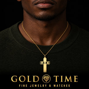 Name Cut-Out Cross Pendant, worn by a model, lifestyle photo 2, Gold Time