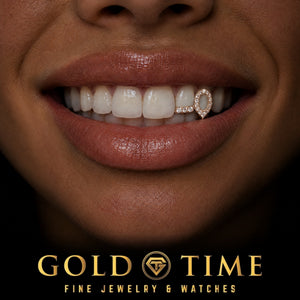 Custom grillz, Iced Open Face Fang and Moissanite Tip Double Cap, worn in a smile, lifestyle photo, Gold Time