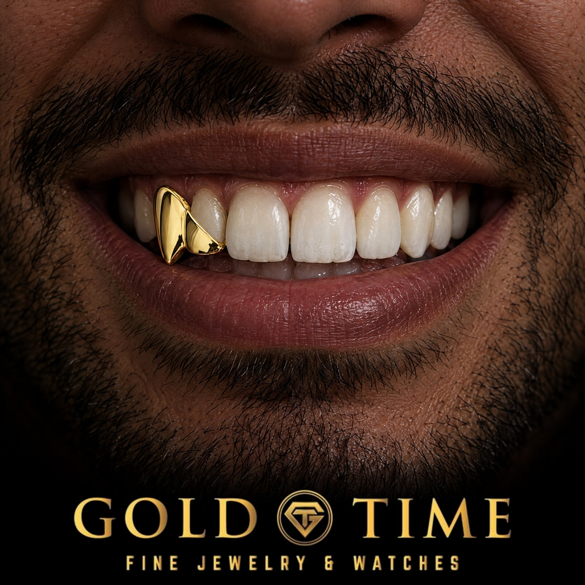 Custom grillz, Fang and Diagonal Incisor, worn in a smile, lifestyle photo 1, Gold Time