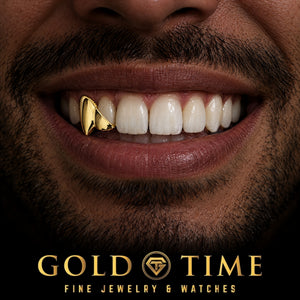 Custom grillz, Fang and Diagonal Incisor, worn in a smile, lifestyle photo 1, Gold Time