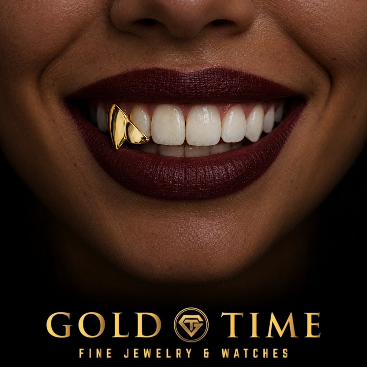 Custom grillz, Fang and Diagonal Incisor, worn in a smile, lifestyle photo 2, Gold Time