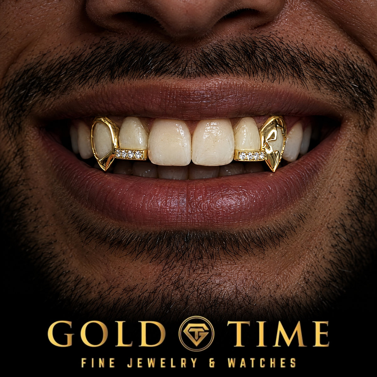 Custom grillz, 4 Piece Open Face Fangs, Cut-Out, Moissanite Tips, worn in a smile, lifestyle photo 1, Gold Time
