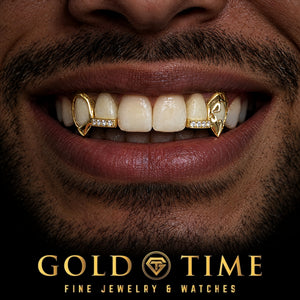 Custom grillz, 4 Piece Open Face Fangs, Cut-Out, Moissanite Tips, worn in a smile, lifestyle photo 1, Gold Time