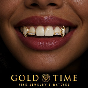 Custom grillz, 4 Piece Open Face Fangs, Cut-Out, Moissanite Tips, worn in a smile, lifestyle photo 2, Gold Time
