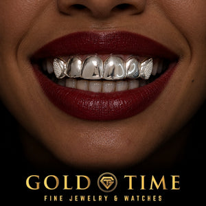 Custom grillz, 6 Piece Diamond Dust Box Canines, Perm Cuts, worn in a smile, lifestyle photo 2, Gold Time
