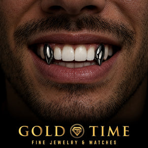 Custom Black Fangs Grillz, 2 Piece, worn in a smile, lifestyle photo 1, Gold Time