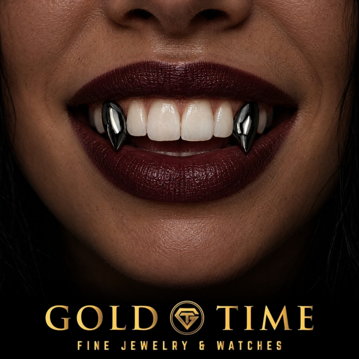 Custom Black Fangs Grillz, 2 Piece, worn in a smile, lifestyle photo 2, Gold Time