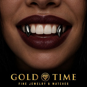 Custom Black Fangs Grillz, 2 Piece, worn in a smile, lifestyle photo 2, Gold Time