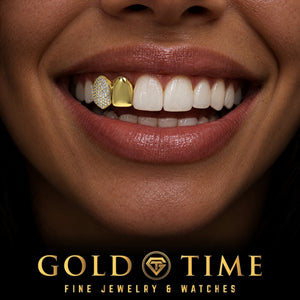 Custom grillz, Double Cap, Solid Incisor and Iced Honeycomb, worn in a smile, lifestyle photo 2, Gold Time