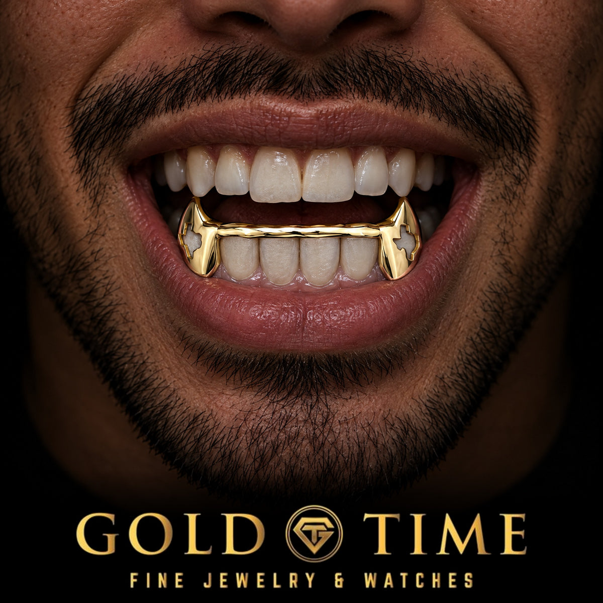 Custom grillz, 6 Piece Canine Fangs, Custom Cut-Out, Solid Tips, worn in a smile, lifestyle photo 1, Gold Time