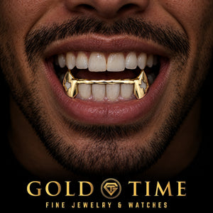 Custom grillz, 6 Piece Canine Fangs, Custom Cut-Out, Solid Tips, worn in a smile, lifestyle photo 1, Gold Time