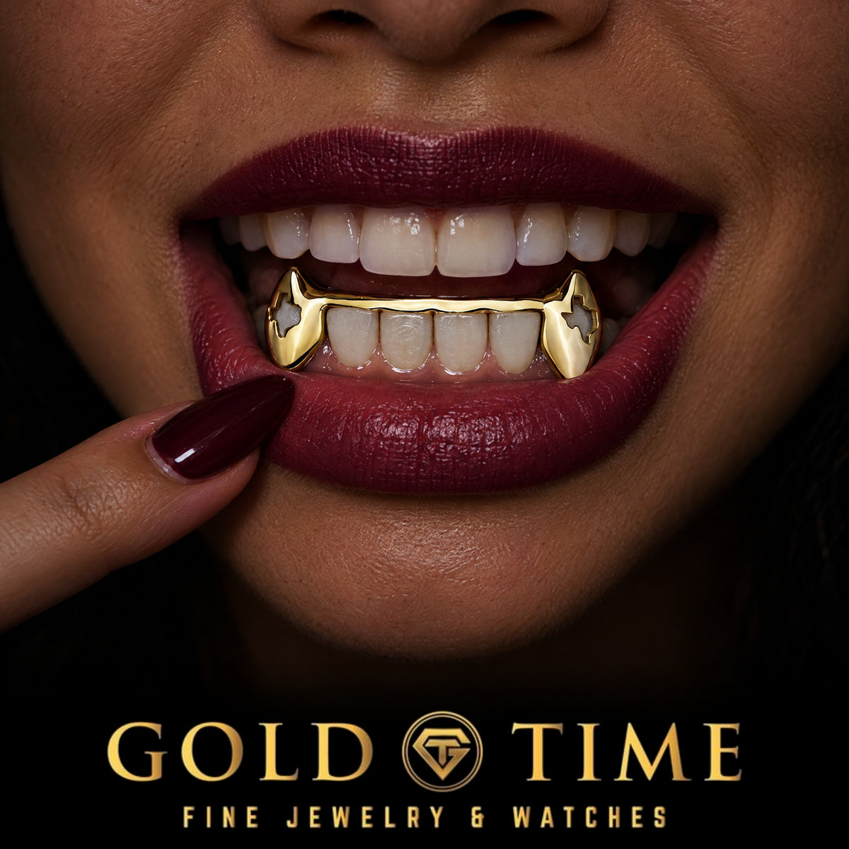 Custom grillz, 6 Piece Canine Fangs, Custom Cut-Out, Solid Tips, worn in a smile, lifestyle photo 2, Gold Time