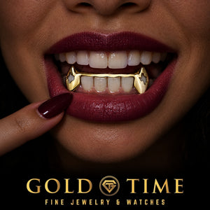 Custom grillz, 6 Piece Canine Fangs, Custom Cut-Out, Solid Tips, worn in a smile, lifestyle photo 2, Gold Time