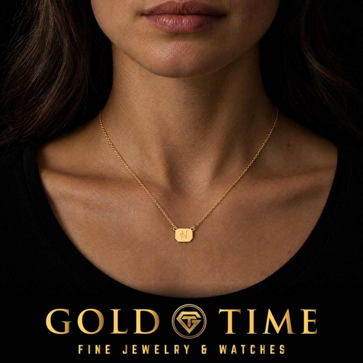 Custom Initial Necklace, Octagon Plate, worn by a model, lifestyle photo 1, Gold Time