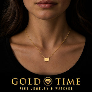 Custom Initial Necklace, Octagon Plate, worn by a model, lifestyle photo 1, Gold Time