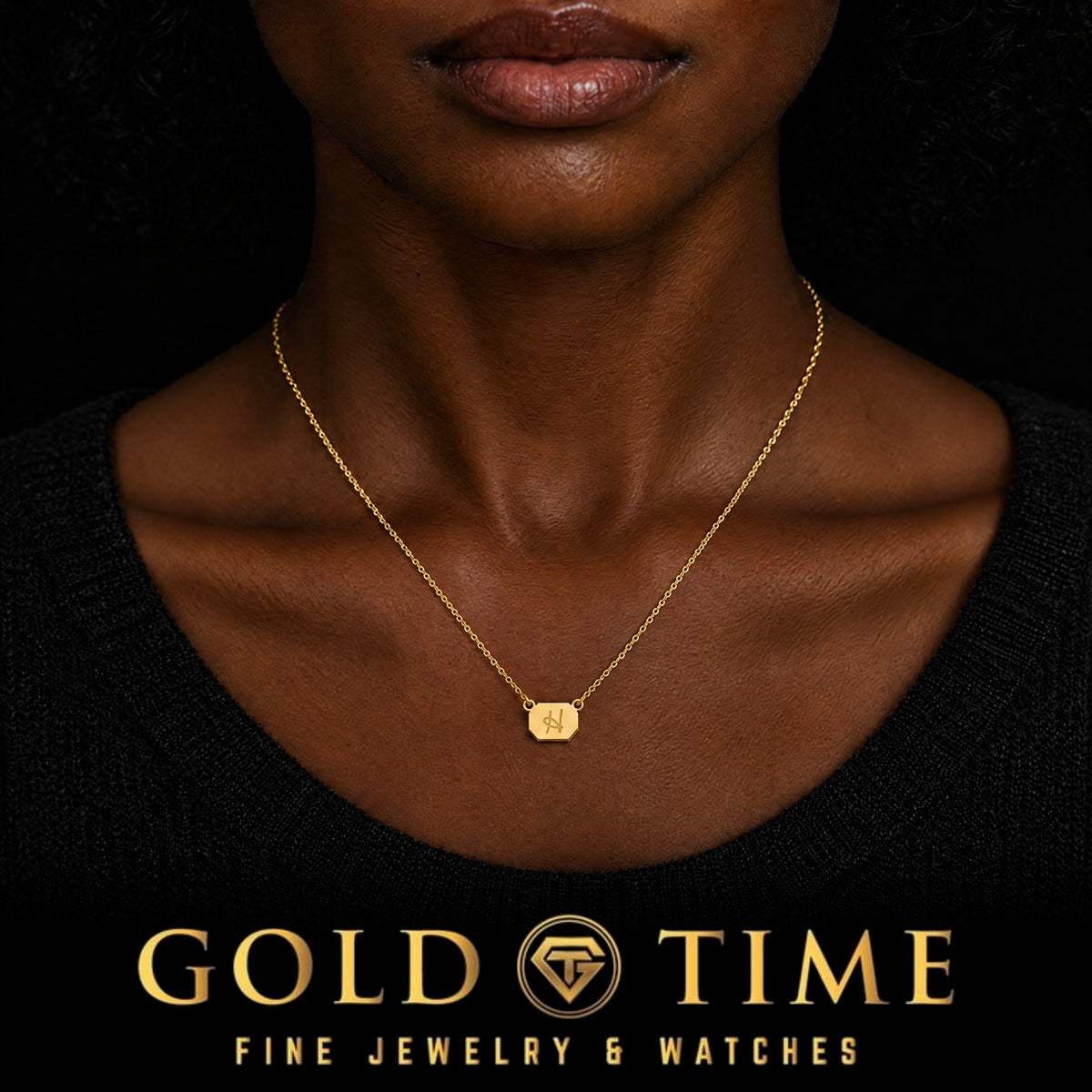 Custom Initial Necklace, Octagon Plate, worn by a model, lifestyle photo 2, Gold Time