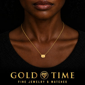 Custom Initial Necklace, Octagon Plate, worn by a model, lifestyle photo 2, Gold Time
