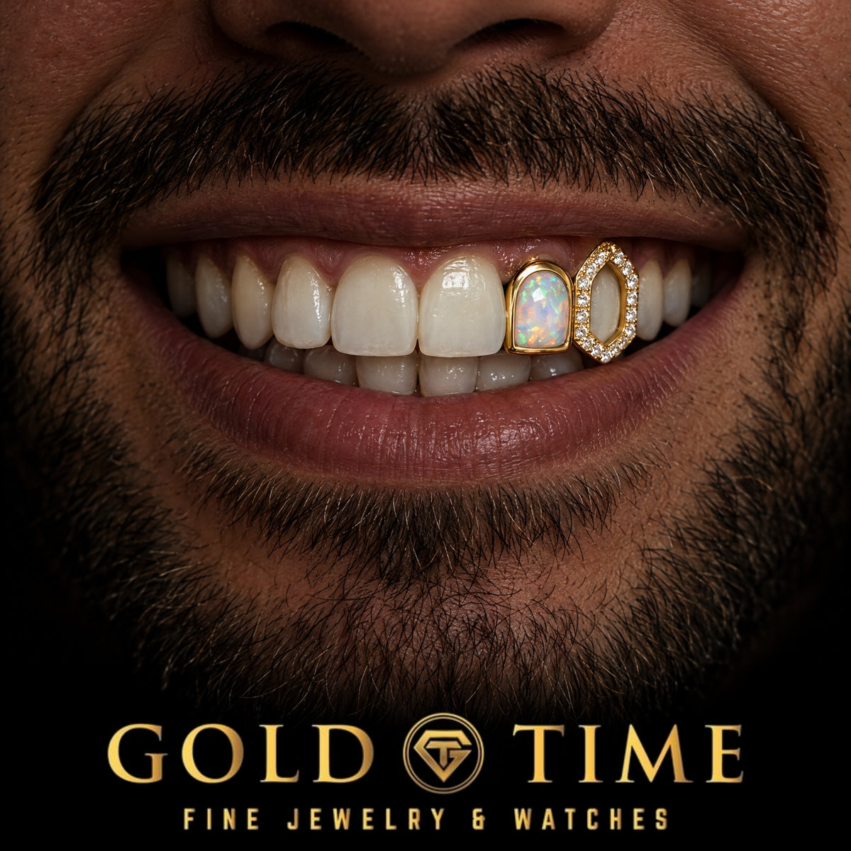Custom grillz, Double Cap, Synthetic Opal and Moissanite Fang, worn in a smile, lifestyle photo 2, Gold Time