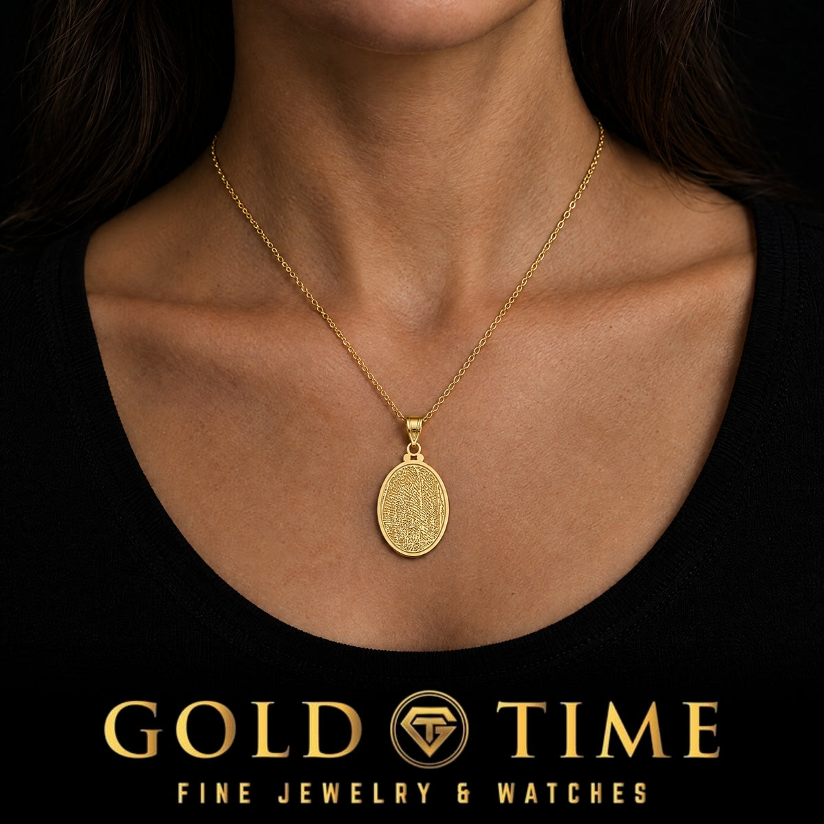 Custom Fingerprint Pendant, worn by a model, lifestyle photo 1, Gold Time