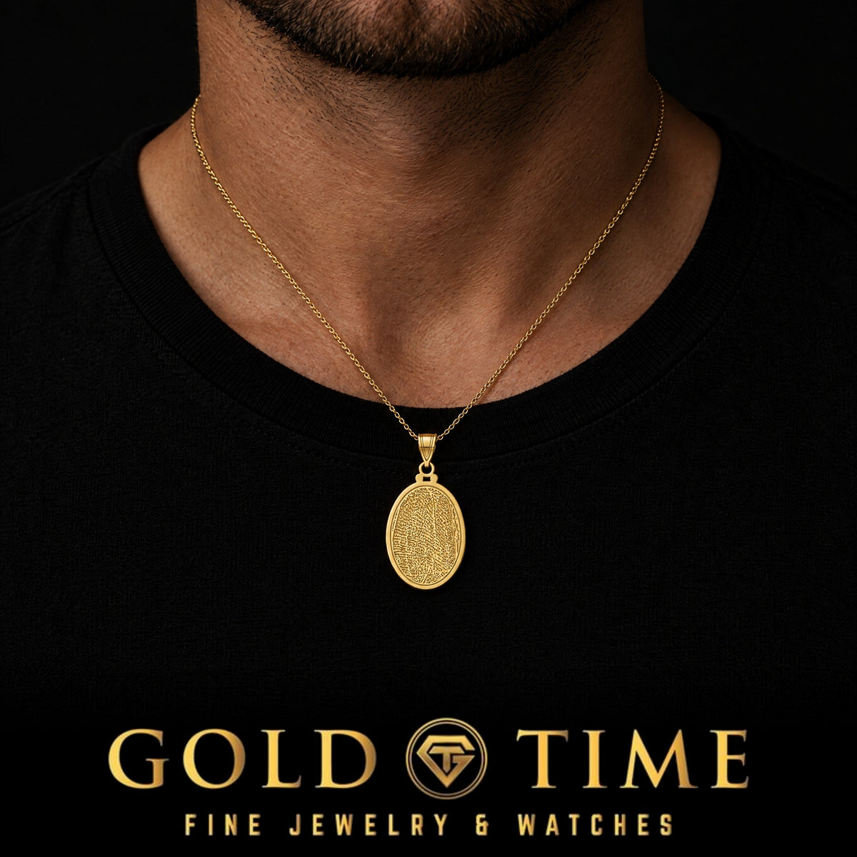 Custom Fingerprint Pendant, worn by a model, lifestyle photo 2, Gold Time