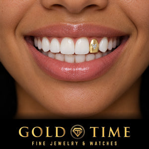 Woman smiling in a single yellow gold tooth cap set with a cubic zirconia heart, Gold Time